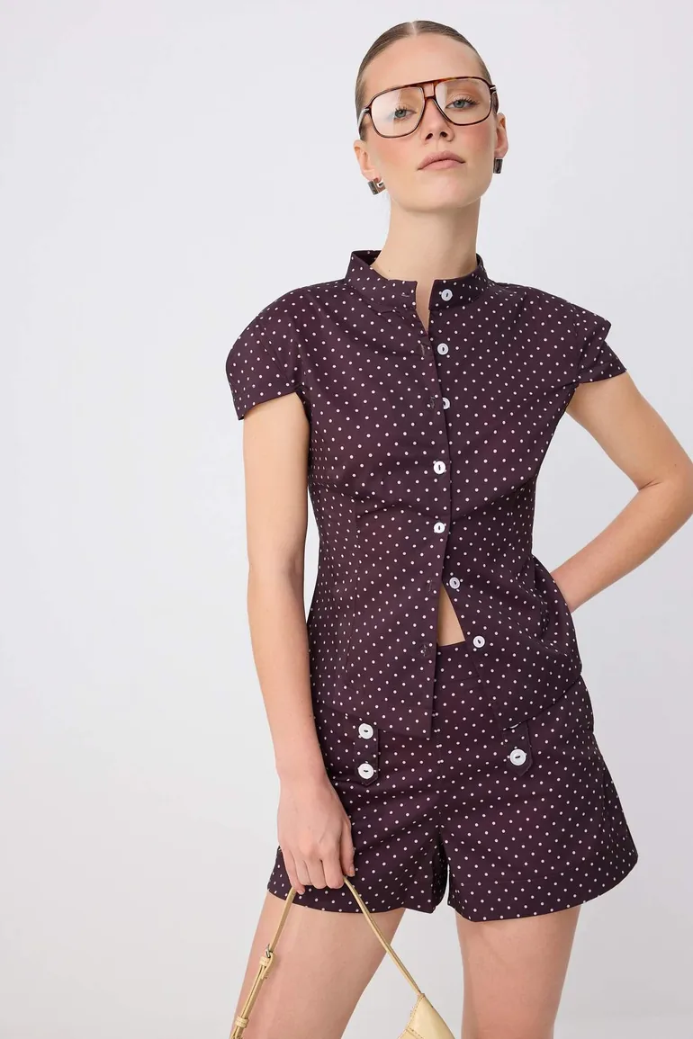 Plum Polka Dot Shirt Mini Shorts Thin Woven Bottom&Top Bottom - Top Set - 1