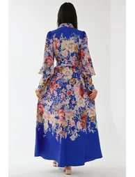 Printed Long Sleeve Maxi Dress with Belt - 4