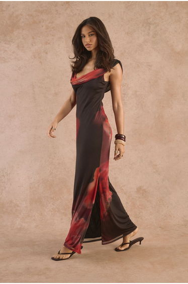 Floral Mesh Wide Cowl Printed Maxi Dress - red product thumbnail 3