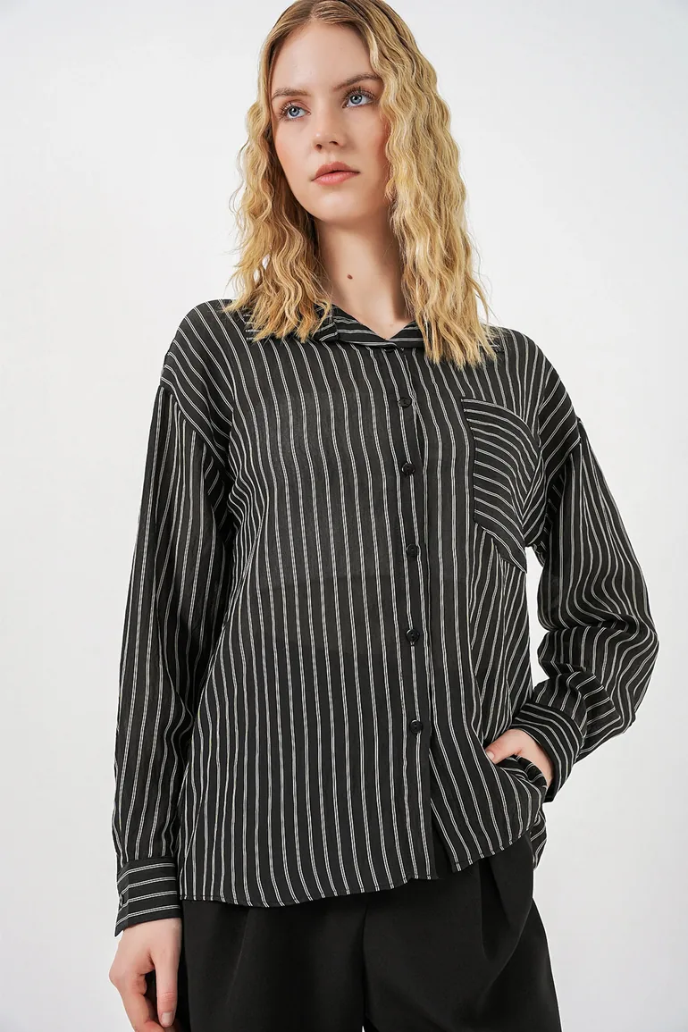 BDART Oversized Striped Long Sleeve Shirt with Pocket - 2
