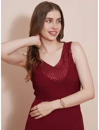 Women Maroon V-Neck Sequined Maxi Dress - 4