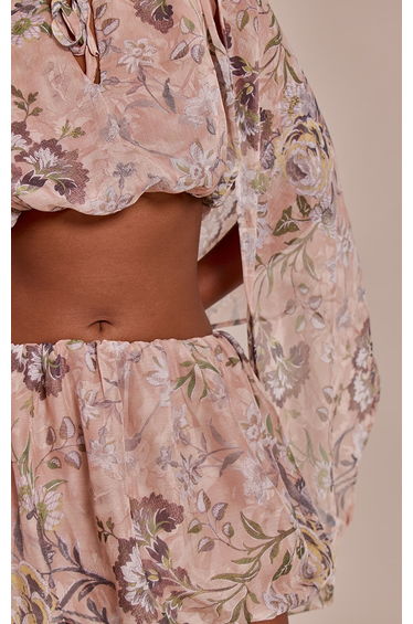 Pink Floral Chiffon Cape Balloon Sleeve Crop Top product thumbnail 4