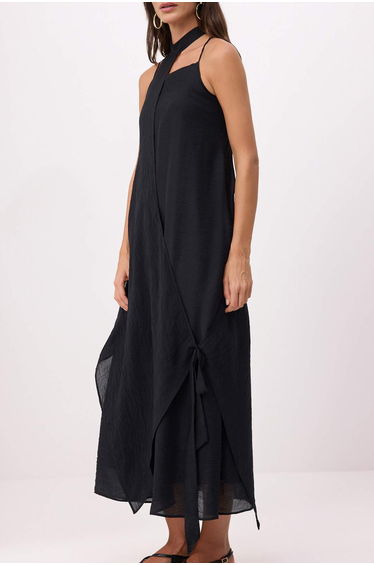 Black Detachable Shawl Detailed Woven Dress Woven Dress product thumbnail 4