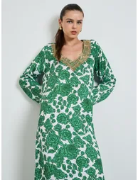 Green Floral Print Maxi Jalabiya with Embellishment - 1