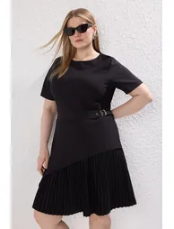 Black Short Sleeve Mini Woven Plus Size Dress - 1