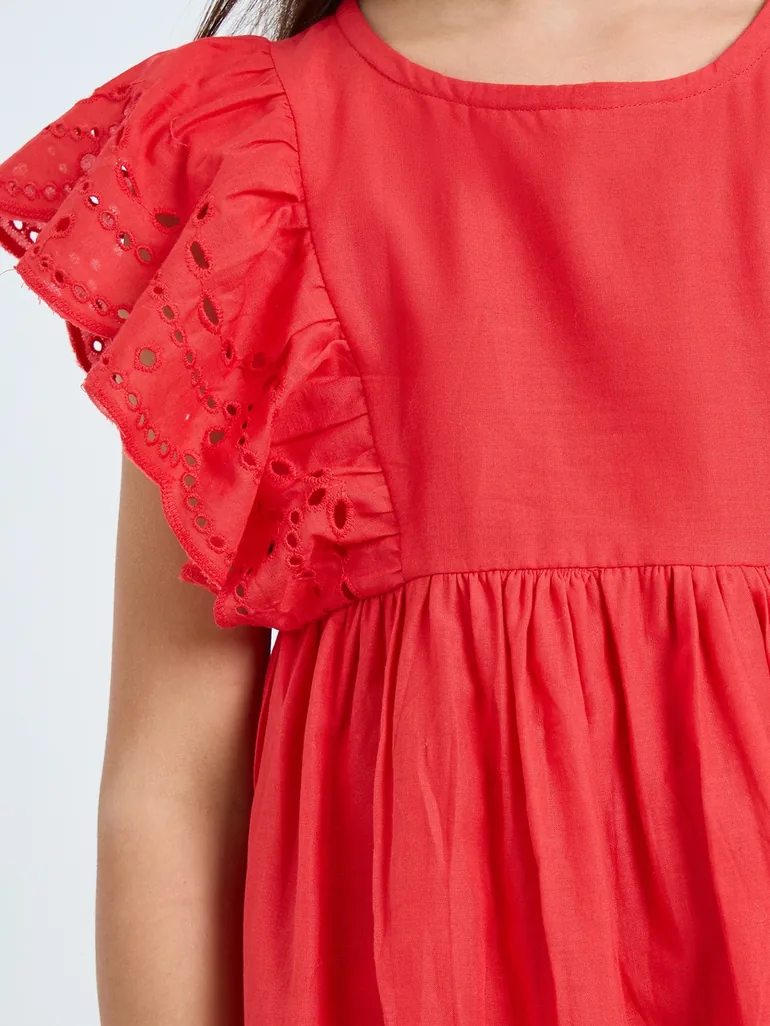 Girls Red Schiffli A-Line Mini Dress - 1