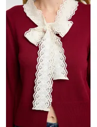 Claret Red Garni Detailed Color Block Knitwear Cardigan - 4