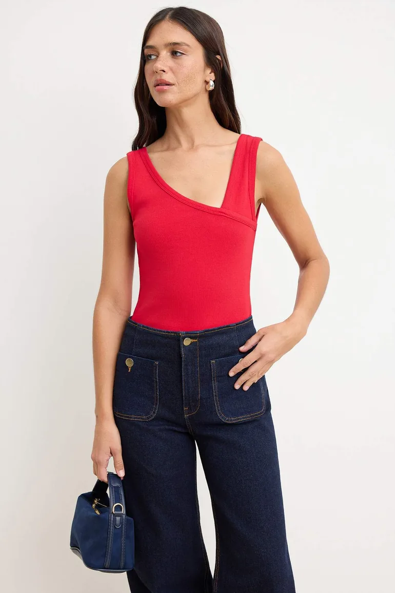 Red Plain Fitted Asymmetric Neckline Thick Strap Sleeveless Corded Fabric Stretchy Knitted Undershirt