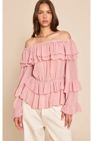 Pale Pink Chiffon Tiered Ruffle Bardot Top