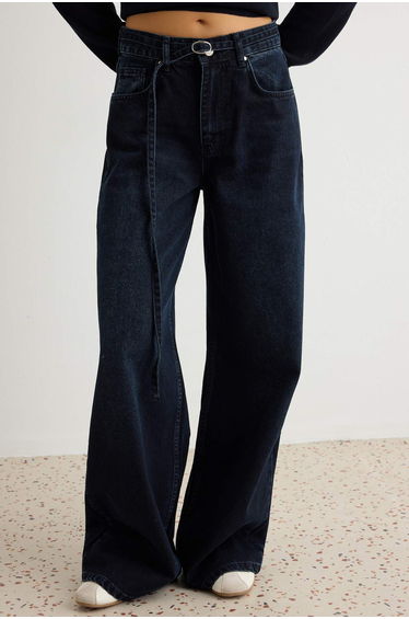 Midnight Blue Belted High Waist Wide Leg 100% Cotton Jeans product thumbnail 4