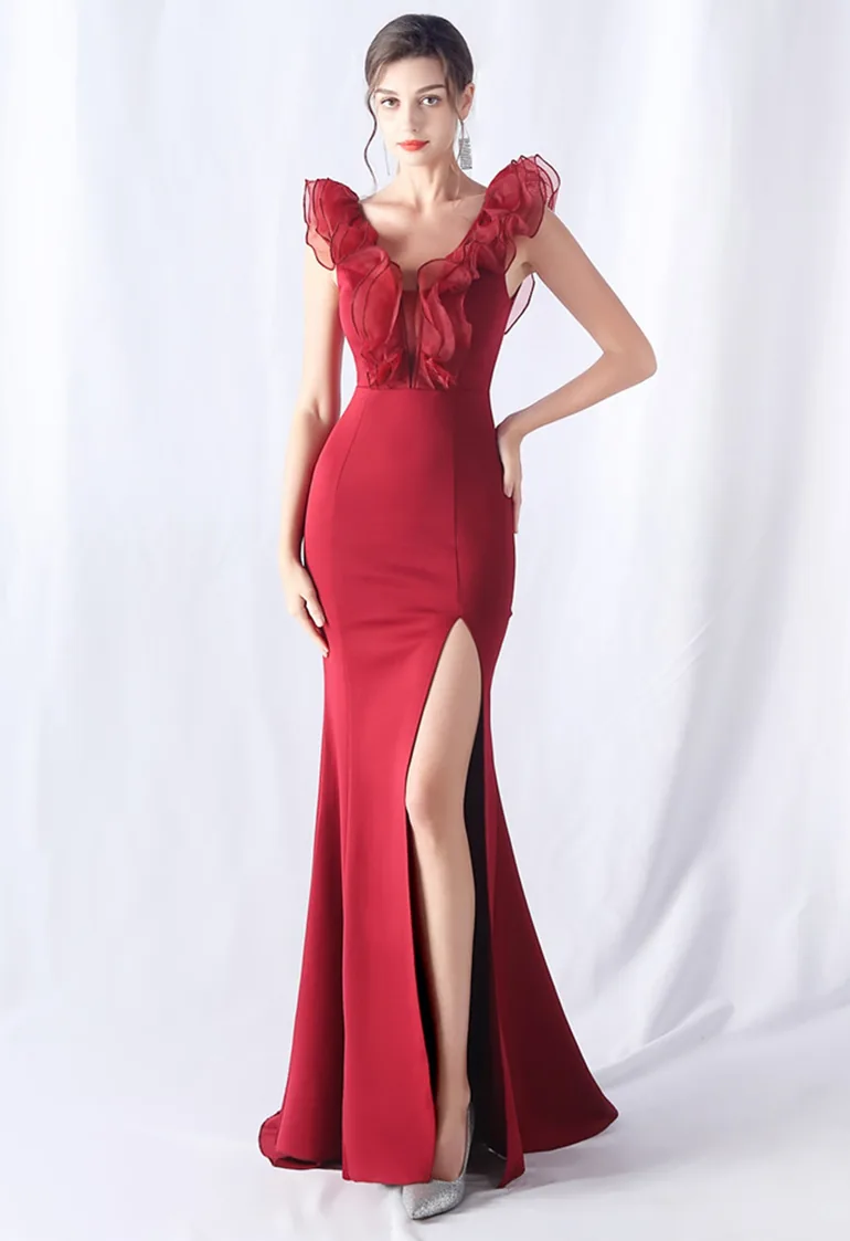 Organza Ruffle Trim Satin Slit Mermaid Gown in Red