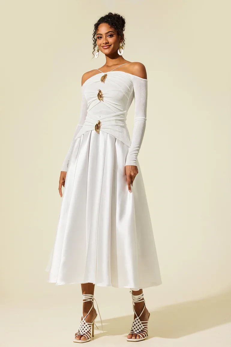 Violette Satin Jersey Off-Shoulder Midi Dress