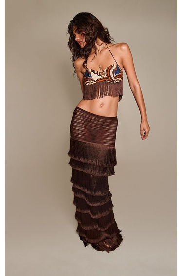 Chocolate Premium Textured Tassel Trimmed Maxi Skirt