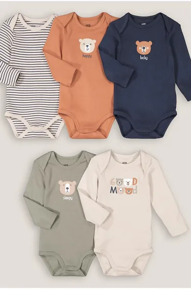 Pack of 5 Bodysuits in Cotton with Long Sleeves