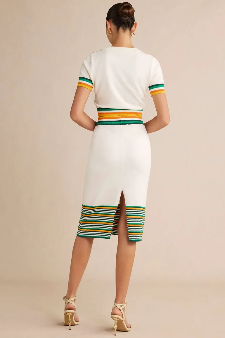 Knit Stripes Contrast Print Slit Skirt - 1