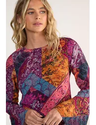 Floral Patchwork Tie Back Fluted Sleeve Mini Tunic Dress - 2