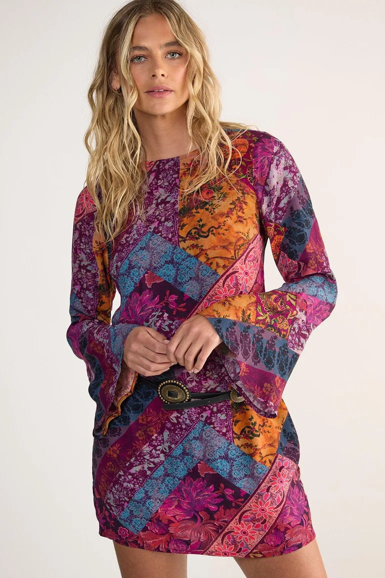 Floral Patchwork Tie Back Fluted Sleeve Mini Tunic Dress - 1