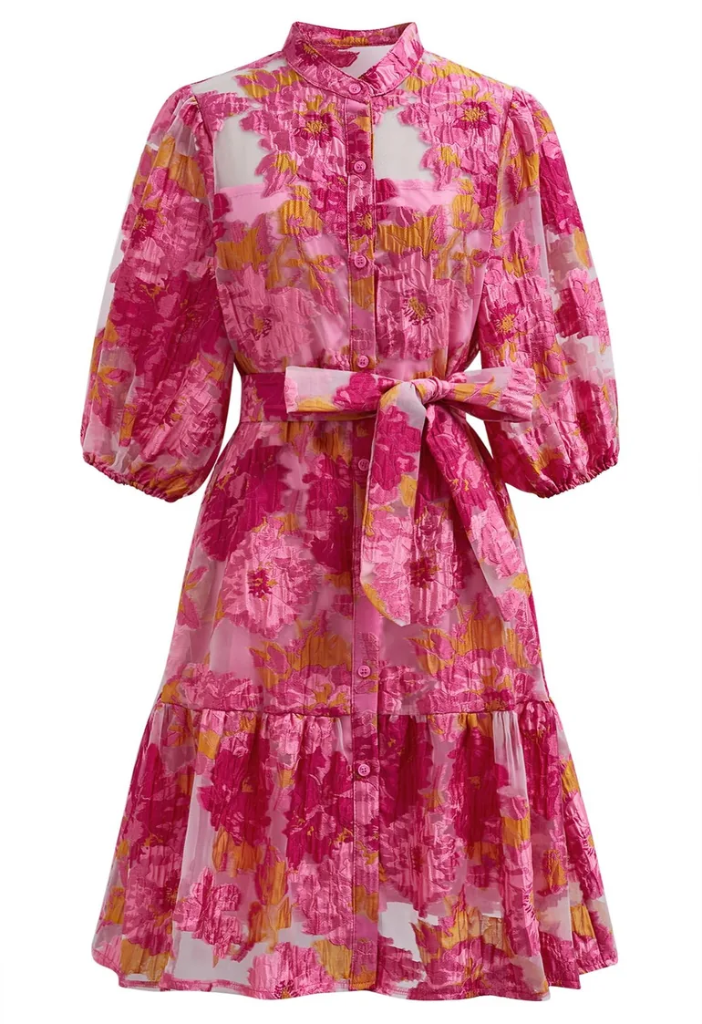 Floral Jacquard Puff Sleeves Organza Buttoned Belted Dolly Dress - 3