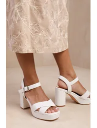 MARCIA STATEMENT PLATFORM STRAPPY BLOCK HIGH HEELS IN WHITE FAUX LEATHER