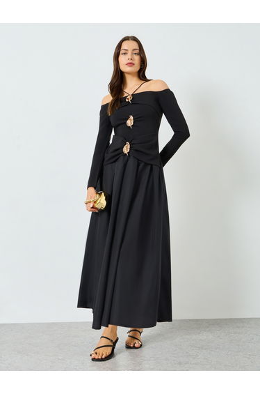 Black Off-Shoulder Midi Dress with Embellished Leaf Detail