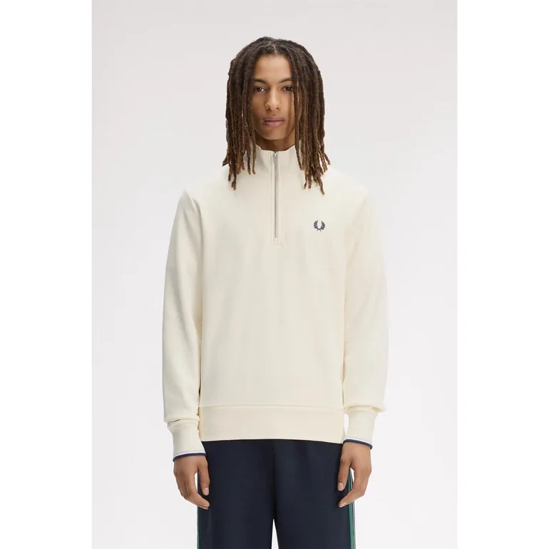 Fred Perry Mens Logo Half Zip Sweatshirt - Ecru