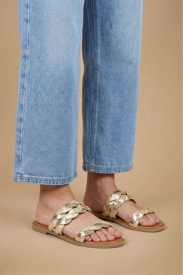 Mel Metallic Faux Leather Plaited Straps Detail Flat Sliders