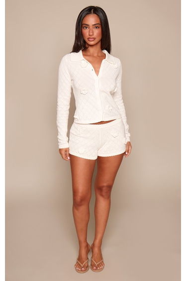 Petite Cream Floral Applique Knitted Mini Shorts