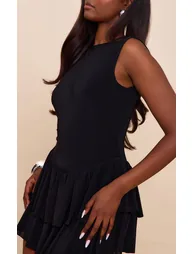 Black Double Layer Slinky Rara Skort Playsuit - 3