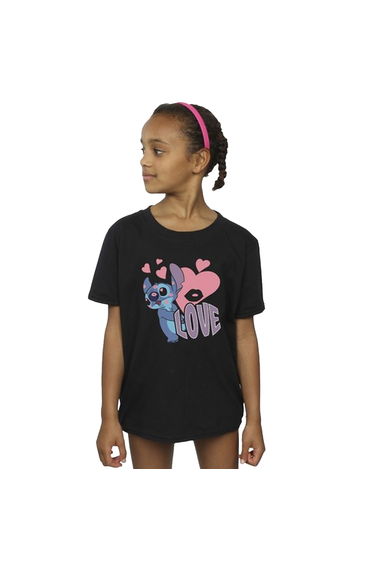 Lilo & Stitch Girls Love Hearts Cotton T-Shirt - Black