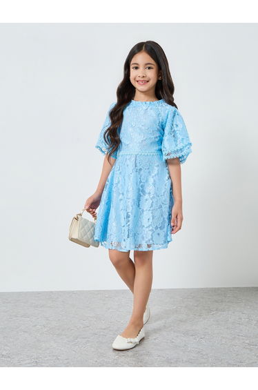 Girls Blue Lace Flute Sleeve Knee-Length Dress