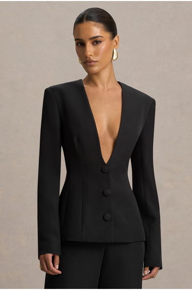 Rosalina | Black Extreme-Plunge Neck Tailored Blazer