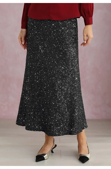 Full Sequin Mermaid Maxi Skirt in Black