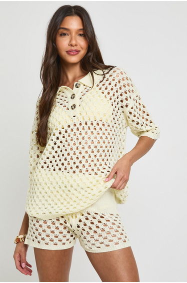 Crochet Oversized Knitted Shirt and Short Set - cream