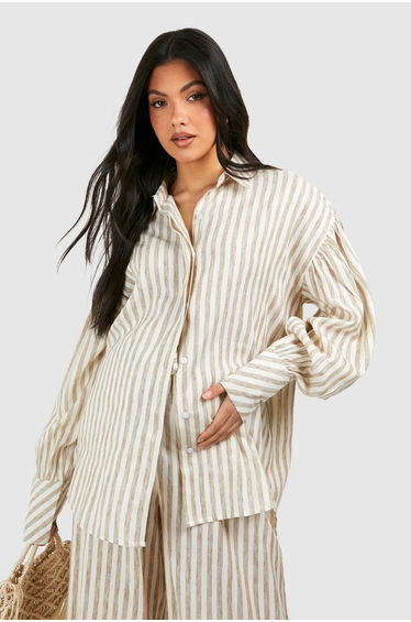 Maternity Stripe Linen Oversizsed Shirt - stone