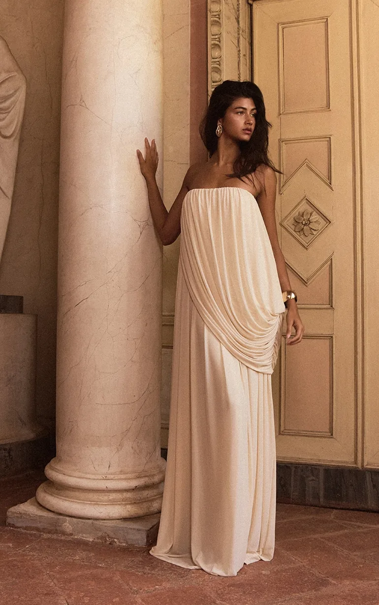 PLT Label Cream Mesh Drape Bandeau Maxi Dress - 4