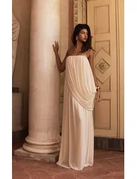 PLT Label Cream Mesh Drape Bandeau Maxi Dress - 4