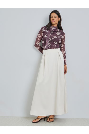 Cream A-Line Maxi Skirt with Fold Pleat
