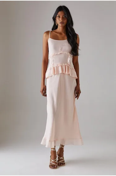 Satin Strappy Seam Detail Peplum Midi Dress