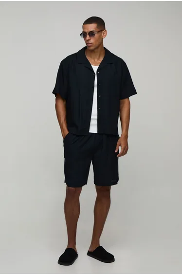 Travel Stamp Linen Blend Regular Fit Short Set - black
