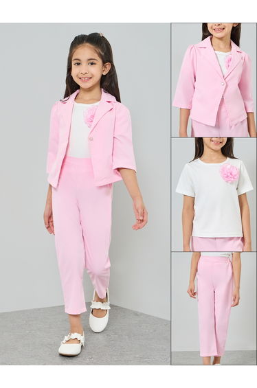 Girls Pink Blazer with Embellished T-Shirt and Pants Set