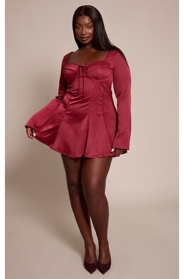 Plus Burgundy Satin Long Sleeve Mini Dress