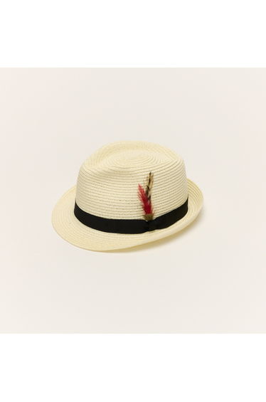 Cream Summer Straw Trilby Hat With Feather
