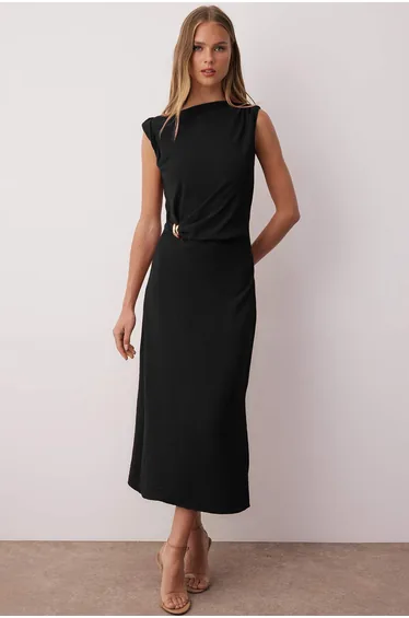 Black Accessory Detailed Midi Woven Dress