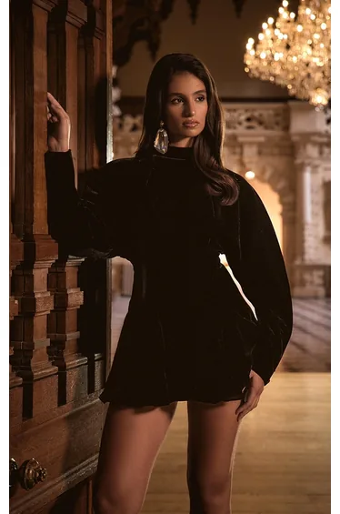 PLT Label Black Velvet Godet Long Sleeve Playsuit