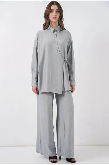 BDART Tie Detail Shirt Collar Tunic-Pants Set