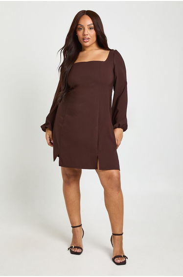 Plus Volume Sleeve Fit & Flare Mini Dress - chocolate