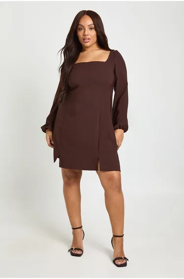 فستان بوهو بني قصير بقصة مستقيمة- للمقاسات الكبيرة