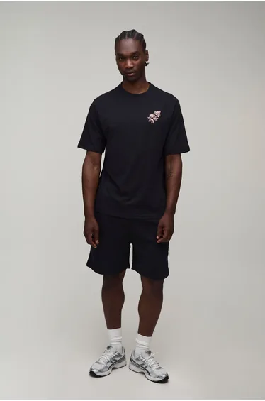 Tall Regular Fit Rose Embroidered T-Shirt & Regular Fit Short Set - black