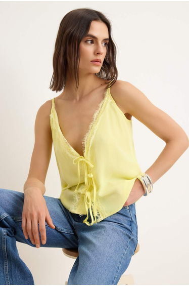 Yellow Deep V-Neck Lace and Tied Detail Woven Blouse