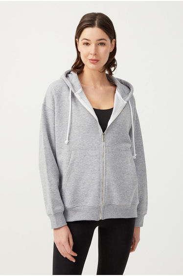 Women's Melange Gray Hooded Oversized Rayon Zipper Knitted Sweatshirt.